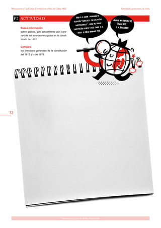 32
Gabinete pedagógico de Bellas Artes. Cádiz
Monumento a Las Cortes, Constitución y Sitio de Cádiz, 1812
actividadP2	
Busca información
sobre países, que actualmente aún care-
cen de los avances recogidos en la consti-
tución de 1812.
Compara
los principios generales de la constitución
del 1812 y la de 1978.
Ayer vi el nuevo programa de
televisíón “Andaluces por los países
constitucionales”, luego me tragué
constitución express y más tarde vi el
debate de GRan herman0 1978
Aunque mi preferido es
FAma 1812...
y a Bailarrrr!
Actividades posteriores a la visita
 