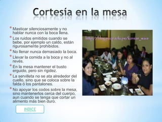 * Masticar silenciosamente y no
  hablar nunca con la boca llena.
* Los ruidos emitidos cuando se
  bebe, por ejemplo un caldo, están
  rigurosamente prohibidos.
* No llenar nunca demasiado la boca.
* Llevar la comida a la boca y no al
  revés.
* En la mesa mantener el busto
  erguido, pero sin rigidez.
* La servilleta no se ata alrededor del
  cuello, sino que se coloca sobre la
  falda ó los pantalones.
* No apoyar los codos sobre la mesa,
  sino mantenerlos cerca del cuerpo,
  aun cuando se tenga que cortar un
  alimento más bien duro.
        INDICE
 
