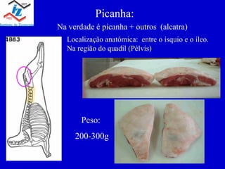 Picanha: Na verdade é picanha + outros (alcatra) Localização anatômica: entre o ísquio e o íleo. Na região do quadil (Pélvis) Peso: 200-300g