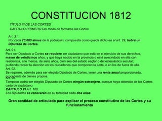 CONSTITUCION 1812 TÍTULO III DE LAS CORTES CAPÍTULO PRIMERO Del modo de formarse las Cortes. Art. 31.  Por cada  70.000 almas  de la población, compuesta como queda dicho en el art. 29,  habrá un Diputado de Cortes. Art. 91.  Para ser Diputado a Cortes  se requiere  ser ciudadano que está en el ejercicio de sus derechos,  mayor de veinticinco  años, y que haya nacido en la provincia o esté avecindado en ella con residencia, a lo menos, de siete años, bien sea del estado seglar o del eclesiástico secular; pudiendo recaer la elección en los ciudadanos que componen la junta, o en los de fuera de ella. Art. 92.  Se requiere, además para ser elegido Diputado de Cortes, tener una  renta anual  proporcionada, procedente de bienes propios. Art. 96.  Tampoco podrá ser elegido Diputado de Cortes  ningún extranjero , aunque haya obtenido de las Cortes carta de ciudadano . CAPITULO VI  Art. 108.  Los Diputados  se renovarán  en su totalidad cada  dos años . Gran cantidad de artículado para explicar el proceso constitutivo de las Cortes y su funcionamiento 