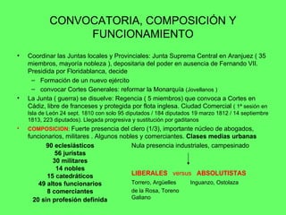 CONVOCATORIA, COMPOSICIÓN Y FUNCIONAMIENTO Coordinar las Juntas locales y Provinciales: Junta Suprema Central en Aranjuez ( 35 miembros, mayoría nobleza ), depositaria del poder en ausencia de Fernando VII. Presidida por Floridablanca, decide Formación de un nuevo ejército convocar Cortes Generales: reformar la Monarquía  (Jovellanos ) La Junta ( guerra) se disuelve: Regencia ( 5 miembros) que convoca a Cortes en Cádiz, libre de franceses y protegida por flota inglesa. Ciudad Comercial  ( 1ª sesión en Isla de León 24 sept. 1810 con solo 95 diputados / 184 diputados 19 marzo 1812 / 14 septiembre 1813, 223 diputados). Llegada progresiva y sustitución por gaditanos COMPOSICION :  Fuerte presencia del clero (1/3), importante núcleo de abogados, funcionarios, militares . Algunos nobles y comerciantes.  Clases medias urbanas Nula presencia industriales, campesinado LIBERALES   versus  ABSOLUTISTAS Torrero, Argüelles  Inguanzo, Ostolaza de la Rosa, Toreno  Galiano 90 eclesiásticos  56 juristas  30 militares  14 nobles  15 catedráticos  49 altos funcionarios  8 comerciantes  20 sin profesión definida   
