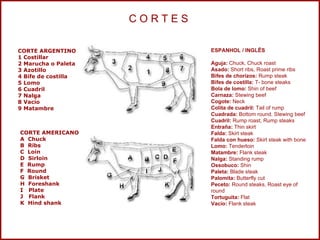 CORTE AMERICANO                                                          A  Chuck B  Ribs C  Loin D  Sirloin E  Rump F  Round G  Brisket H  Foreshank I  Plate J  Flank K  Hind shank   ESPANHOL / INGLÊS Aguja:  Chuck, Chuck roast Asado:  Short ribs, Roast prime ribs Bifes de chorizos:  Rump steak Bifes de costilla:  T- bone steaks  Bola de lomo:  Shin of beef Carnaza:  Stewing beef Cogote:  Neck  Colita de cuadril:  Tail of rump Cuadrada:  Bottom round, Stewing beef  Cuadril:  Rump roast, Rump steaks  Entraña:  Thin skirt Falda:  Skirt steak Falda con hueso:  Skirt steak with bone Lomo:  Tenderloin Matambre:  Flank steak Nalga:  Standing rump Ossobuco:  Shin Paleta:  Blade steak Palomita:  Butterfly cut Peceto:  Round steaks, Roast eye of round Tortuguita:  Flat Vacío:  Flank steak     CORTE ARGENTINO                                                                                    1 Costillar  2 Marucha o Paleta 3 Azotillo 4 Bife de costilla 5 Lomo 6 Cuadril 7 Nalga 8 Vacío 9 Matambre    C O R T E S  
