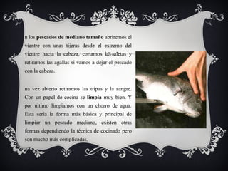 En los  pescados de mediano tamaño  abriremos el vientre con unas tijeras desde el extremo del vientre hacia la cabeza, cortamos las aletas y retiramos las agallas si vamos a dejar el pescado con la cabeza. Una vez abierto retiramos las tripas y la sangre. Con un papel de cocina se  limpia  muy bien. Y por último limpiamos con un chorro de agua. Esta sería la forma más básica y principal de limpiar un pescado mediano, existen otras formas dependiendo la técnica de cocinado pero son mucho más complicadas. 
