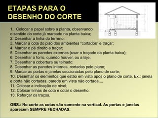 ETAPAS PARA O
DESENHO DO CORTE
1. Colocar o papel sobre a planta, observando
o sentido do corte já marcado na planta baixa;
2. Desenhar a linha do terreno;
3. Marcar a cota do piso dos ambientes “cortados” e traçar;
4. Marcar o pé direito e traçar;
5. Desenhar as paredes externas (usar o traçado da planta baixa);
6. Desenhar o forro, quando houver, ou a laje;
7. Desenhar a cobertura ou telhado;
8. Desenhar as paredes internas, cortadas pelo plano;
9. Marcar as portas e janelas seccionadas pelo plano de corte;
10. Desenhar os elementos que estão em vista após o plano de corte. Ex.: janela
e porta não cortadas, parede em vista não cortada....
11. Colocar a indicação de nível;
12. Colocar linhas de cota e cotar o desenho;
13. Reforçar os traços.
OBS.: No corte as cotas são somente na vertical. As portas e janelas
aparecem SEMPRE FECHADAS.
210
210
265
35
35
00
+0,35
45
45
+0,48+0,50
475
60
280
250
267
152
30
70
55
10
10
10
3025
10
10
150
150
150
150
VARANDA
WC
 