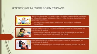 BENEFICIOS DE LA ESTIMULACIÒN TEMPRANA
Ayuda a desarrollar y potenciar las funciones cerebrales de los bebés
en diferentes planos: intelectual, físico y afectivo, mediante juegos y
ejercicios repetitivos.
• . Promueve las condiciones fisiológicas, educativas, sociales y
recreativas
Favorece la curiosidad y observación para conocer e interpretar en
mundo que le rodea.
• Estimula el proceso de maduración y de aprendizaje en las áreas,
intelectual, afectiva y psicomotriz del bebé
vorece la curiosidad y observación para conocer e interpretar en
mundo que le rodea.
• . Favorece el apego y los lazos afectivos entre los padres y el bebé.
 