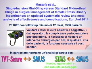 Mostafa et al.,
Single-Incision Mini-Sling versus Standard Midurethral
Slings in surgical management of female Stress Urinary
Incontinence: an updated systematic review and meta-
analysis of effectiveness and complications, Eur Urol 2014
26 RCT con follow up minimo di 12 mesi, 3308 pazienti
Valutare i tassi di cura obiettivi e soggettivi, i
dati operatori, le complicanze perioperatorie e
postoperatorie, la necessità di ripetere un
intervento chirurgico per IUS, la qualità di vita
delle pazienti, la funzione sessuale e i costi
sanitari
In particolare riportano un’analisi separata per:
Nuove, aggiustabili e
con robusto ancoraggio
 