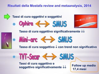 Risultati della Mostafa review and metaanalysis, 2014
Tassi di cura oggettivi e soggettivi
Tasso di cura oggettivo significativamente 
Tasso di cura soggettivo  con trend non significativo
Tassi di cura oggettivo e
soggettivo significativamente 
Follow up medio
17,4 mesi
 