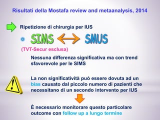 Risultati della Mostafa review and metaanalysis, 2014
Ripetizione di chirurgia per IUS
Nessuna differenza significativa ma con trend
sfavorevole per le SIMS
(TVT-Secur esclusa)
La non significatività può essere dovuta ad un
bias causato dal piccolo numero di pazienti che
necessitano di un secondo intervento per IUS
È necessario monitorare questo particolare
outcome con follow up a lungo termine
 