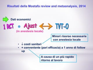 Risultati della Mostafa review and metaanalysis, 2014
Dati economici
•  costi sanitari
• + conveniente (pari efficacia) a 1 anno di follow
up
(in anestesia locale)
Minori risorse necessarie
con anestesia locale
A causa di un più rapido
ritorno al lavoro
 