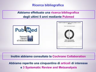 Ricerca bibliografica
Abbiamo effettuato una ricerca bibliografica
degli ultimi 5 anni mediante Pubmed
Inoltre abbiamo consultato la Cochrane Collaboration
Abbiamo reperito una cinquantina di articoli di interesse
e 3 Systematic Review and Metaanalysis
 