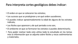 Para interpreta cortes geológicos debes indicar:
• El orden en que se colocaron los estratos;
• Los sucesos que se produjeron y en qué orden sucedieron;
• Si puedes indicar aproximadamente la edad de alguno de los estratos
indícalo;
• Los fósiles que aparecen y de qué periodo o era son;
• El ambiente en que se formaron los estratos si puedes determinarlo;
• Para poder realizar todo esto utiliza todo lo estudiado en los temas
más la información que se adjunta sobre fósiles y rocas sedimentarias
y materiales.
 