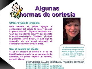 Las normas básicas de cortesía
siguen formando parte del trato
ganador al cliente. El personal a
su cargo debe usarlas y así
proyectará una mejor imagen de
servicio.
AlgunasAlgunas
normas de cortesíanormas de cortesía
Ofrecer ayuda de inmediato
Para hacerlo, se puede agregar a
continuación del saludo la frase “¿En qué
lo puedo servir?”. Algunas variantes son:
“¿En qué le podemos servir?”, que connota
la sensación de equipo. También, “¿En qué
lo podemos servir hoy?”, lo cual deja la
sensación de que usted reconoció al
cliente y que él ya estuvo ahí antes.
Usar el nombre del cliente
Si ya se conocía al cliente o si se ha
identificado por medio de su documento de
identidad, se puede emplear el nombre,
pero sin abusar.
DESPUÉS DEL SALUDO ESCRIBA SU FRASE DE CORTESÍA
En que le podemos servir
En que le podemos servir Doctor Duran
En que le podemos servir Doctora Magda
 