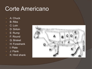 Paleta:Pieza que se obtiene de desechar huesos, omoplato y húmero y cortando el garrón delantero (cubito y radio. De la parte central salen bifes para asa a la plancha. También se la utiliza para la carne picada magra. El corte equivalente en España de la paleta es la espaldilla.Palomita de paleta:Ubicada al costado interior y delantero de la paleta entera, es la parte más gruesa pegada al húmero y la punta al omoplato. Sirve para preparar en guisos, estofada o hervida en pucheros. El corte equivalente en España de la palomita es la llana.