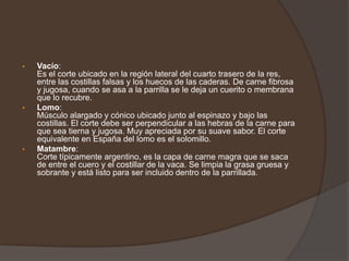 Tira de asado:Costillar vacuno cortado con sierra eléctrica en tiras de 3 a 5 cm. de espesor en sentido perpendicular a los huesos. Corte de la parte externa de la vaca. Las primeras costillas son más sabrosas porque tienen menos grasa. De la cuarta costilla en adelante son más gruesas y grasosas.Vacío:Es el corte ubicado en la región lateral del cuarto trasero de la res, entre las costillas falsas y los huecos de las caderas. De carne fibrosa y jugosa, cuando se asa a la parrilla se le deja un cuerito o membrana que lo recubre. 