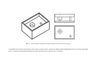 Fig. 1.1 - Vistas necessárias e suficientes com representação de arestas invisíveis de uma peça
A consideração de um possível corte por forma a tornar visíveis as arestas invisíveis, consistiria em adoptar um plano designado plano de corte, nos termos apresentados
na Fig. 1.2 e proceder à representação obtida depois de retirada a parte da peça entre o plano de corte e o observador.
 
