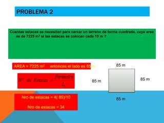 PROBLEMA 2 
Cuantas estacas se necesitan para cercar un terreno de forma cuadrada, cuya area 
es de 7225 m2 si las estacas se colocan cada 10 m ? 
AREA = 7225 m2 entonces el lado es 85 m 
Perimetro 
U L 
Nº de Estacas  
Nro de estacas = 4( 85)/10 
Nro de estacas = 34 
85 m 
85 m 
85 m 
85 m 
 