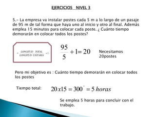 EJERCICIOS NIVEL 3
5.- La empresa va instalar postes cada 5 m a lo largo de un pasaje
de 95 m de tal forma que haya uno al inicio y otro al final. Además
emplea 15 minutos para colocar cada poste. ¿ Cuánto tiempo
demorarán en colocar todos los postes?
= 1
UNITARIALONGITUD
TOTALLONGITUD
201
5
95
 Necesitamos
20postes
Pero mi objetivo es : Cuánto tiempo demorarán en colocar todos
los postes
Tiempo total: horasx 53001520 '

Se emplea 5 horas para concluir con el
trabajo.
 