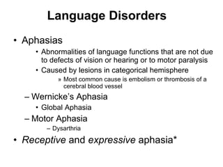 Language Disorders Aphasias Abnormalities of language functions that are not due to defects of vision or hearing or to motor paralysis Caused by lesions in categorical hemisphere Most common cause is embolism or thrombosis of a cerebral blood vessel  Wernicke’s Aphasia Global Aphasia Motor Aphasia Dysarthria  Receptive  and  expressive  aphasia* 