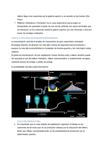 relleno llega a los caserones por la galería superior y es vaciado en las buitras (Ore 
Pass). 
 Rellenos Hidráulicos o Húmedos: Es un caso especial en que la pulpa es 
transportada por gravedad a través de una red de cañerías con varios terminales que 
se introducen en los caserones desde la galería superior por una chimenea o bien por 
hoyos de sondajes entubados 
CORTE Y RELLENO ASCENDENTE MECANIZADO. 
La mecanización permite el empleo de maquinarias de gran capacidad y avanzada 
tecnología tratando de alcanzar los más altos índices de seguridad para el personal y 
equipos, la más alta productibilidad en toneladas de hombre-guardia y los más bajos costos 
unitarios. 
El grado de mecanización de una explotación minera del tipo corte y relleno también puede 
ser asociado al uso del relleno hidráulico, relleno hidroneumático o sostenimiento de tajeos 
mediante pernos de anclaje o cables de anclaje. 
FLUJOGRAMA DE RELLENO EN PASTA: 
CICLO DE PRODUCCIÓN: 
 Es importante que en este método de explotación organizar el trabajo en los 
caserones de tal modo que no se produzcan atrasos por la colocación del relleno, 
factor que influye considerablemente en las posibilidades de producción de un 
determinado caserón. 
 