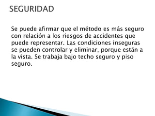 Se puede afirmar que el método es más seguro
con relación a los riesgos de accidentes que
puede representar. Las condiciones inseguras
se pueden controlar y eliminar, porque están a
la vista. Se trabaja bajo techo seguro y piso
seguro.
 