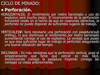 CICLO DE MINADO:
 Perforación.
HORIZONTALES: El rendimiento por metro barrenado y uso de
explosivo será mucho mejor. El inconveniente de la perforación
horizontal reside en el hecho de que en caserones estrechos, el
perforista no puede disponer de suficientes lugares de trabajo.
VERTICALESV: Será necesario una perforación con pasadura(sub
drilling), lo que disminuye el rendimiento por metro barrenado
aumentando consigo el uso de explosivo. La ventaja que posee
es que deja suficiente lugar de trabajo al perforista asegurando
una buena utilización del tiempo.
INCLINADA : Es más ventajosa que la perforación vertical, pues el
empotramiento que tiene que vencer es más fácil,
disminuyendo consigo la pasadura trayendo consigo las
ventajas ya vistas anteriormente.
 