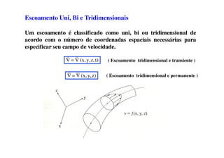Escoamento Uni, Bi e Tridimensionais
Um escoamento é classificado como uni, bi ou tridimensional de
acordo com o número de coordenadas espaciais necessárias para
especificar seu campo de velocidade.
t)z,y,(x,VV
rr
= ( Escoamento tridimensional e transiente )
z)y,(x,VV
rr
= ( Escoamento tridimensional e permanente )
 