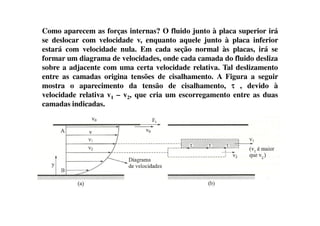 Como aparecem as forças internas? O fluido junto à placa superior irá
se deslocar com velocidade v, enquanto aquele junto à placa inferior
estará com velocidade nula. Em cada seção normal às placas, irá se
formar um diagrama de velocidades, onde cada camada do fluido desliza
sobre a adjacente com uma certa velocidade relativa. Tal deslizamento
entre as camadas origina tensões de cisalhamento. A Figura a seguir
mostra o aparecimento da tensão de cisalhamento, ττττ , devido à
velocidade relativa v1 – v2, que cria um escorregamento entre as duas
camadas indicadas.
 