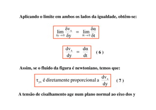 Aplicando o limite em ambos os lados da igualdade, obtêm-se:
δt
δα
lim
δy
δv
lim
0δt
x
0δy →→
=
dt
dα
dy
dvx
= ( 6 )
dtdy
Assim, se o fluido da figura é newtoniano, temos que:
dy
dv
aalproporcionediretamentéτ x
yx ( 7 )
A tensão de cisalhamento age num plano normal ao eixo dos y
 