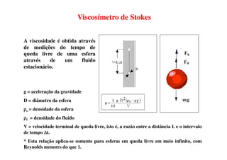 A viscosidade é obtida através
de medições do tempo de
queda livre de uma esfera
através de um fluido
estacionário.
Viscosímetro de Stokes
g = aceleração da gravidade
D = diâmetro da esfera
ρρρρs = densidade da esfera
ρρρρf = densidade do fluido
V = velocidade terminal de queda livre, isto é, a razão entre a distância L e o intervalo
de tempo ∆∆∆∆t.
* Esta relação aplica-se somente para esferas em queda livre em meio infinito, com
Reynolds menores do que 1.
 