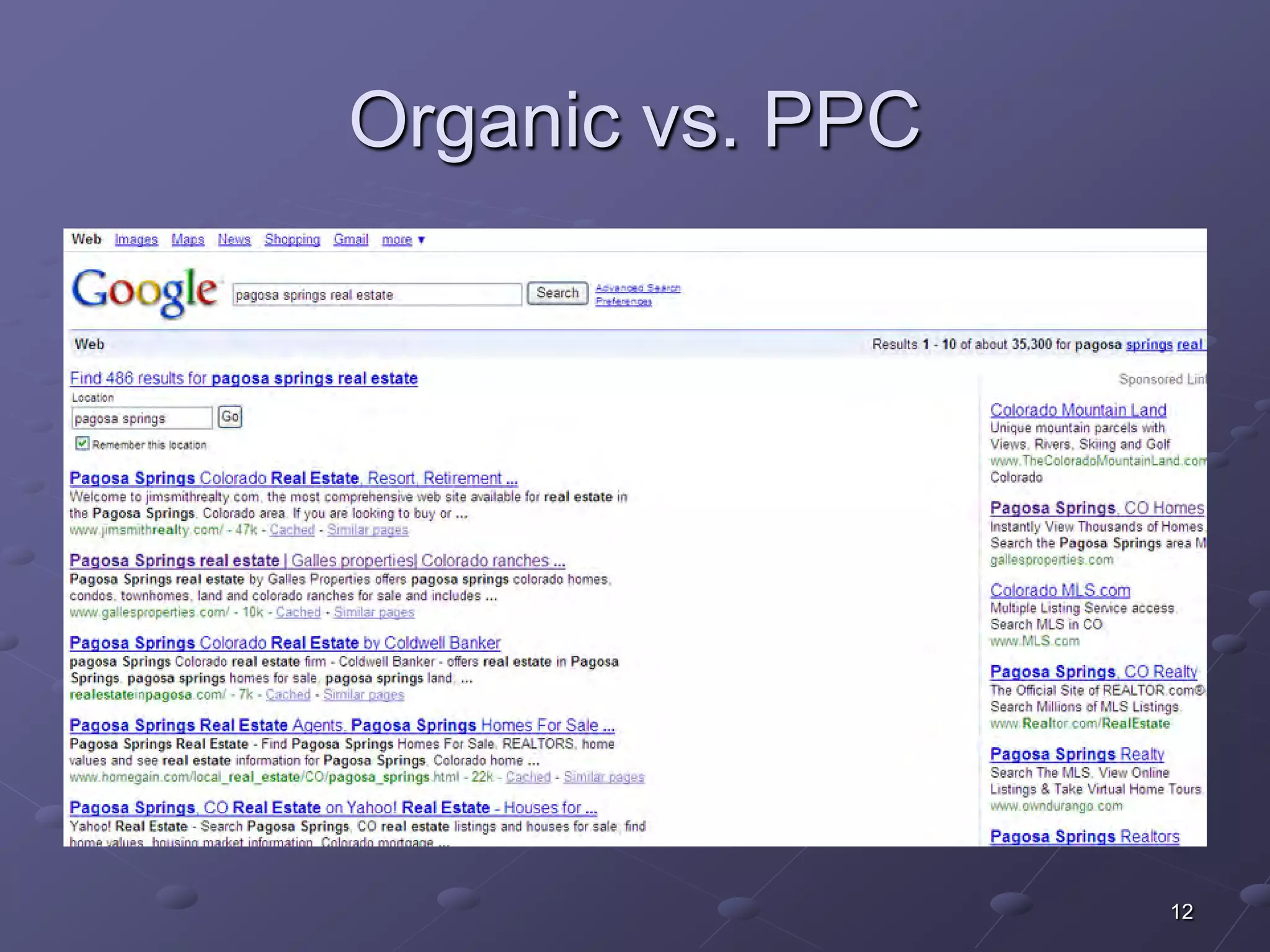 Organic vs. PPC




                  12
 
