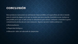 CONCLUSIÓN
Estos productos representan un instrumento imprescindible en la agricultura de todo el mundo
para el control de plagas, por lo que no resulta una tarea sencilla el prohibir su uso, incluso no
será posible por lo que se debe pensar en alternativas para detener, aminorar o remediar la grave
contaminación producida por estas sustancias. Algunas opciones viables podrían ser:
Biorremediación
Plaguicidas biológicos
Educación sobre uso adecuado de plaguicidas
 