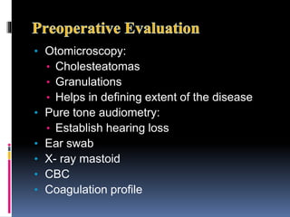 • Otomicroscopy:
• Cholesteatomas
• Granulations
• Helps in defining extent of the disease
• Pure tone audiometry:
• Establish hearing loss
• Ear swab
• X- ray mastoid
• CBC
• Coagulation profile
 