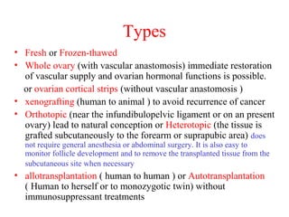 Types
• Fresh or Frozen-thawed
• Whole ovary (with vascular anastomosis) immediate restoration
of vascular supply and ovarian hormonal functions is possible.
or ovarian cortical strips (without vascular anastomosis )
• xenografting (human to animal ) to avoid recurrence of cancer
• Orthotopic (near the infundibulopelvic ligament or on an present
ovary) lead to natural conception or Heterotopic (the tissue is
grafted subcutaneously to the forearm or suprapubic area) does
not require general anesthesia or abdominal surgery. It is also easy to
monitor follicle development and to remove the transplanted tissue from the
subcutaneous site when necessary
• allotransplantation ( human to human ) or Autotransplantation
( Human to herself or to monozygotic twin) without
immunosuppressant treatments
 