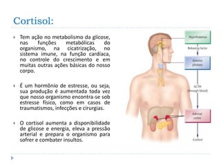 Cortisol:
   Tem ação no metabolismo da glicose,
    nas    funções    metabólicas     do
    organismo, na cicatrização, no
    sistema imune, na função cardíaca,
    no controle do crescimento e em
    muitas outras ações básicas do nosso
    corpo.

   É um hormônio de estresse, ou seja,
    sua produção é aumentada toda vez
    que nosso organismo encontra-se sob
    estresse físico, como em casos de
    traumatismos, infecções e cirurgias.

   O cortisol aumenta a disponibilidade
    de glicose e energia, eleva a pressão
    arterial e prepara o organismo para
    sofrer e combater insultos.
 