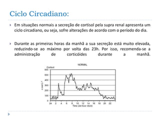 Ciclo Circadiano:
   Em situações normais a secreção de cortisol pela supra renal apresenta um
    ciclo circadiano, ou seja, sofre alterações de acordo com o período do dia.

   Durante as primeiras horas da manhã a sua secreção está muito elevada,
    reduzindo-se ao máximo por volta das 23h. Por isso, recomenda-se a
    administração      de       corticóides    durante      a      manhã.
 