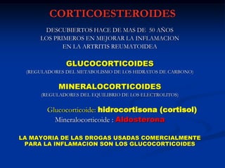 CORTICOESTEROIDES
DESCUBIERTOS HACE DE MAS DE 50 AÑOS
LOS PRIMEROS EN MEJORAR LA INFLAMACION
EN LA ARTRITIS REUMATOIDEA
GLUCOCORTICOIDES
(REGULADORES DEL METABOLISMO DE LOS HIDRATOS DE CARBONO)
MINERALOCORTICOIDES
(REGULADORES DEL EQUILIBRIO DE LOS ELECTROLITOS)
Glucocorticoide: hidrocortisona (cortisol)
Mineralocorticoide : Aldosterona
LA MAYORIA DE LAS DROGAS USADAS COMERCIALMENTE
PARA LA INFLAMACION SON LOS GLUCOCORTICOIDES
 