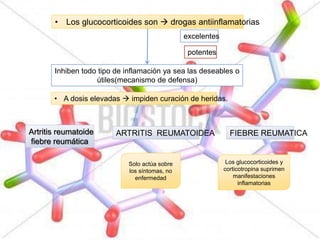 • Los glucocorticoides son  drogas antiinflamatorias
excelentes
potentes
Inhiben todo tipo de inflamación ya sea las deseables o
útiles(mecanismo de defensa)
• A dosis elevadas  impiden curación de heridas.
Solo actúa sobre
los síntomas, no
enfermedad
Los glucocorticoides y
corticotropina suprimen
manifestaciones
inflamatorias
Artritis reumatoide
fiebre reumática
ARTRITIS REUMATOIDEA FIEBRE REUMATICA
 