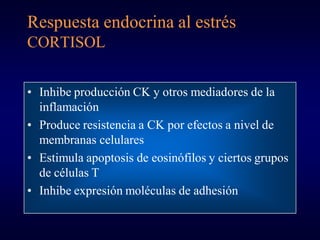 Respuesta endocrina al estrés
CORTISOL


• Inhibe producción CK y otros mediadores de la
  inflamación
• Produce resistenc...