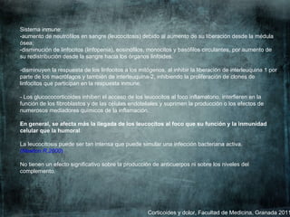 Corticoides y dolor, Facultad de Medicina, Granada 2011 Sistema inmune:  -aumento de neutrófilos en sangre (leucocitosis) debido al aumento de su liberación desde la médula ósea;  -disminución de linfocitos (linfopenia), eosinófilos, monocitos y basófilos circulantes, por aumento de su redistribución desde la sangre hacia los órganos linfoides.  -disminuyen la respuesta de los linfocitos a los mitógenos, al inhibir la liberación de interleuquina 1 por parte de los macrófagos y también de interleuquina-2, inhibiendo la proliferación de clones de linfocitos que participan en la respuesta inmune. - Los glucococorticoides inhiben el acceso de los leucocitos al foco inflamatorio, interfieren en la función de los fibroblastos y de las células endoteliales y suprimen la producción o los efectos de numerosos mediadores químicos de la inflamación.  En general, se afecta más la llegada de los leucocitos al foco que su función y la inmunidad celular que la humoral . La leucocitosis puede ser tan intensa que puede simular una infección bacteriana activa.  (Newton R,2000 )   No tienen un efecto significativo sobre la producción de anticuerpos ni sobre los niveles del complemento .  