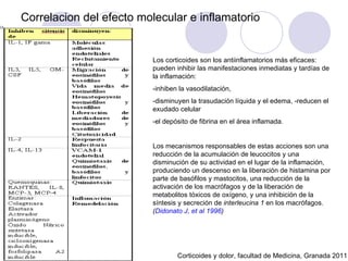 Correlacion del efecto molecular e inflamatorio Corticoides y dolor, facultad de Medicina, Granada 2011 Los corticoides son los antiinflamatorios más eficaces: pueden inhibir las manifestaciones inmediatas y tardías de la inflamación: -inhiben la vasodilatación,  -disminuyen la trasudación líquida y el edema, -reducen el exudado celular  -el depósito de fibrina en el área inflamada.  Los mecanismos responsables de estas acciones son una reducción de la acumulación de leucocitos y una disminución de su actividad en el lugar de la inflamación, produciendo un descenso en la liberación de histamina por parte de basófilos y mastocitos, una reducción de la activación de los macrófagos y de la liberación de metabolitos tóxicos de oxígeno, y una inhibición de la síntesis y secreción de  interleucina 1  en los macrófagos.   ( Didonato J, et al 1996 ) 