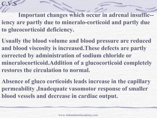 C.V.S
Important changes which occur in adrenal insuffic--
iency are partly due to mineralo-corticoid and partly due
to glu...