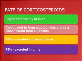 FATE OF CORTICOSTEROIDS 
Degraded mainly in liver 
Conjugated to form glucuronides and to a 
lesser extent form sulphates 
25% - excreted in bile and feces 
75% - excreted in urine 
 