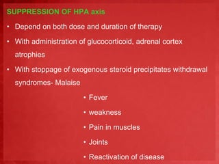SUPPRESSION OF HPA axis 
• Depend on both dose and duration of therapy 
• With administration of glucocorticoid, adrenal cortex 
atrophies 
• With stoppage of exogenous steroid precipitates withdrawal 
syndromes- Malaise 
• Fever 
• weakness 
• Pain in muscles 
• Joints 
• Reactivation of disease 
 