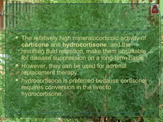 36Rheumato C Soe
 The relatively high mineralocorticoid activity of
cortisone and hydrocortisone, and the
resulting fluid retention, make them unsuitable
for disease suppression on a long-term basis.
 However, they can be used for adrenal
replacement therapy
 hydrocortisone is preferred because cortisone
requires conversion in the liver to
hydrocortisone.
 