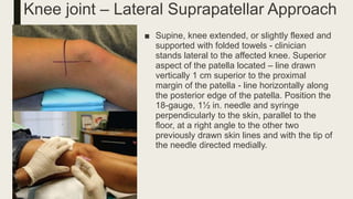 Knee joint – Lateral Suprapatellar Approach
■ Supine, knee extended, or slightly flexed and
supported with folded towels - clinician
stands lateral to the affected knee. Superior
aspect of the patella located – line drawn
vertically 1 cm superior to the proximal
margin of the patella - line horizontally along
the posterior edge of the patella. Position the
18-gauge, 1½ in. needle and syringe
perpendicularly to the skin, parallel to the
floor, at a right angle to the other two
previously drawn skin lines and with the tip of
the needle directed medially.
 