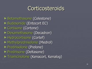 Corticosteroids Betamethasone  (Celestone)  Budesonide  (Entocort EC)  Cortisone  (Cortone)  Dexamethasone  (Decadron)  Hydrocortisone  (Cortef)  Methylprednisolone  (Medrol)  Prednisolone  (Prelone)  Prednisone  (Deltasone)  Triamcinolone  (Kenacort, Kenalog)  
