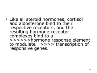 Like all steroid hormones, cortisol and aldosterone bind to their respective receptors, and the resulting hormone-receptor complexes bind to a  >>>>>>hormone response element to modulate  >>>> transcription of responsive genes.  