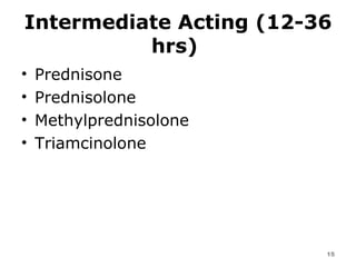 Intermediate Acting (12-36 hrs)   Prednisone  Prednisolone  Methylprednisolone  Triamcinolone  