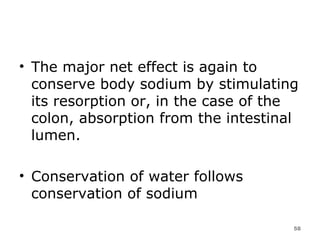 The major net effect is again to conserve body sodium by stimulating its resorption or, in the case of the colon, absorption from the intestinal lumen.  Conservation of water follows conservation of sodium  