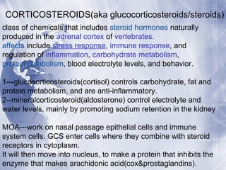 CORTICOSTEROIDS(aka glucocorticosteroids/steroids)
class of chemicals that includes steroid hormones naturally
produced in the adrenal cortex of vertebrates.
affects include stress response, immune response, and
regulation of inflammation, carbohydrate metabolism,
protein catabolism, blood electrolyte levels, and behavior.
1---glucosorticosteroids(cortisol) controls carbohydrate, fat and
protein metabolism, and are anti-inflammatory.
2--mineralcorticosteroid(aldosterone) control electrolyte and
water levels, mainly by promoting sodium retention in the kidney
MOA---work on nasal passage epithelial cells and immune
system cells. GCS enter cells where they combine with steroid
receptors in cytoplasm.
It will then move into nucleus, to make a protein that inhibits the
enzyme that makes arachidonic acid(cox&prostaglandins).
 